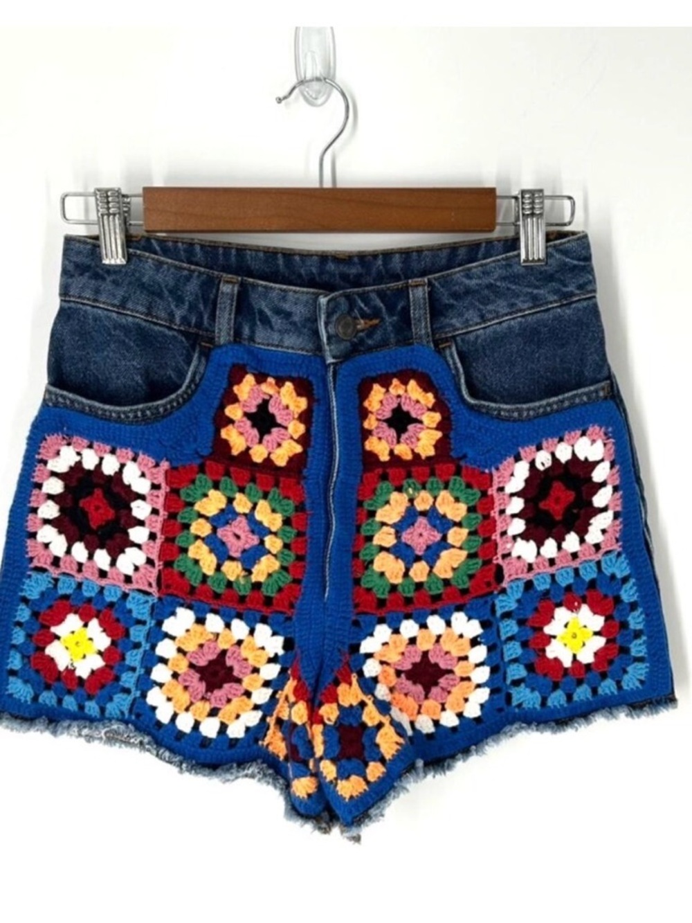 NWT FARM Rio Blue Denim Shorts with Multicolor Crochet Squares